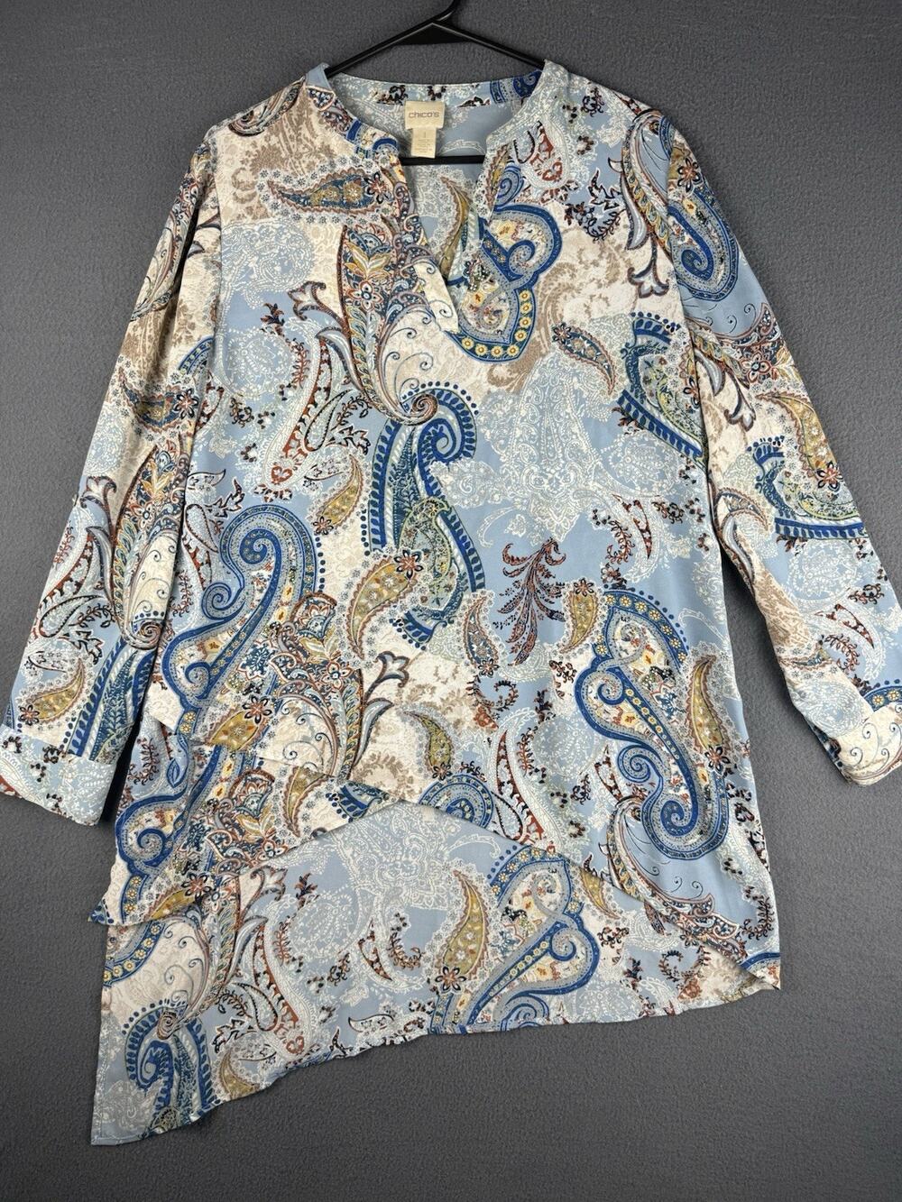 Chicos Blouse Woman Sz 1 Blue Paisley 3/4 sleeve Tunic Hi Low Asymmetrical